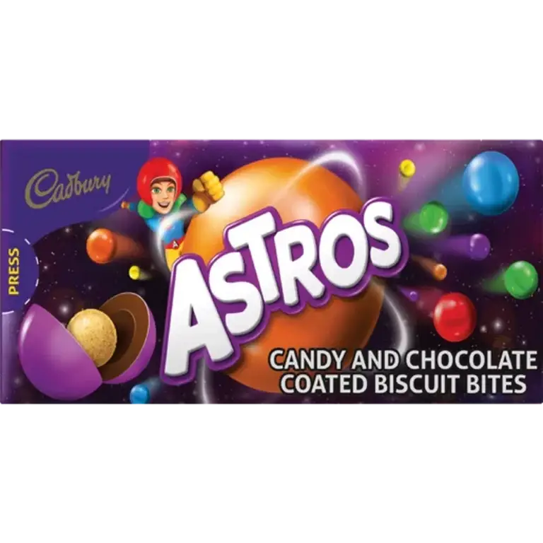 Front of Cadbury Astros Candy and Chocolate Coated Biscuit Bites 150 g box