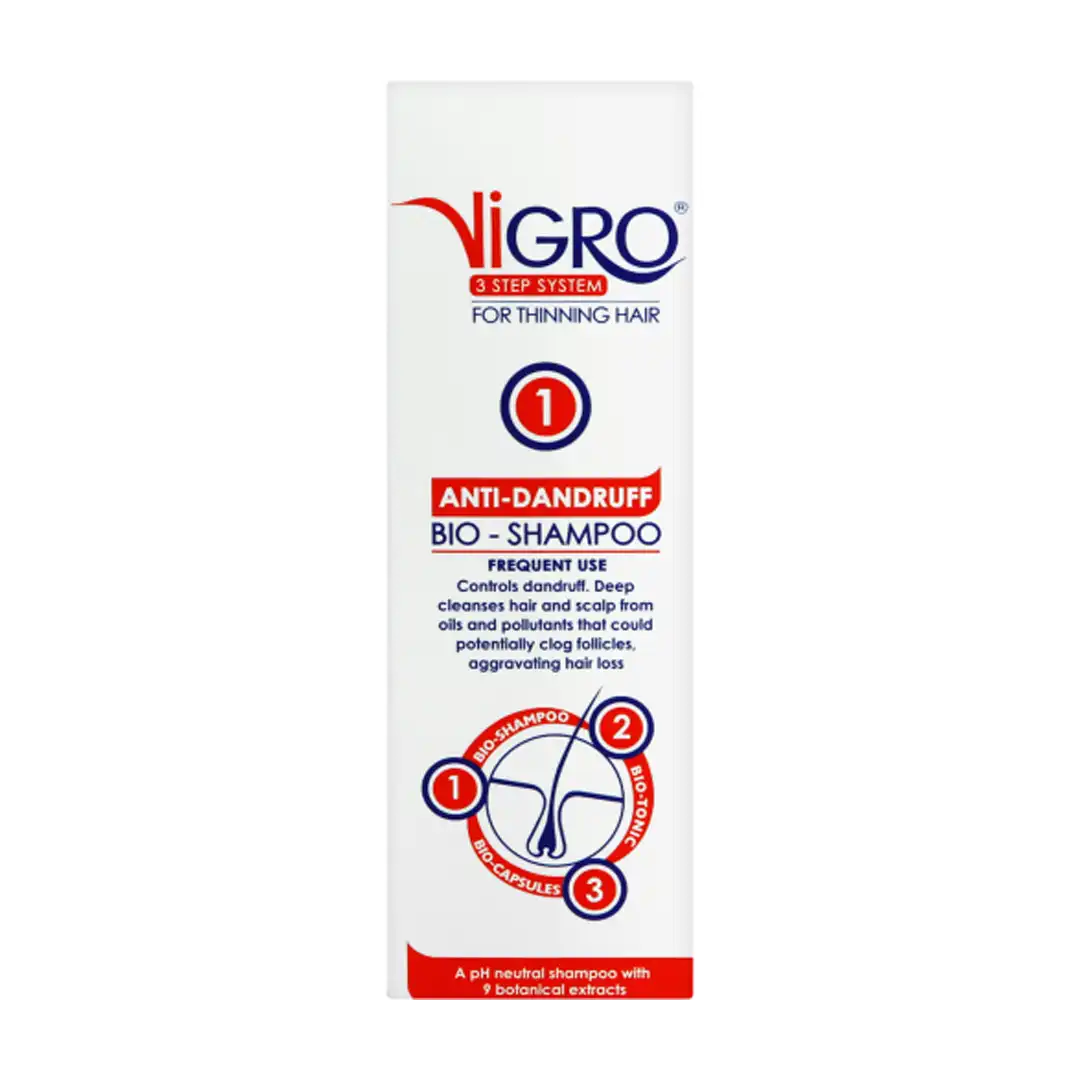 Front view of Vigro Bio Anti-Dandruff Bio Shampoo 150 ml box