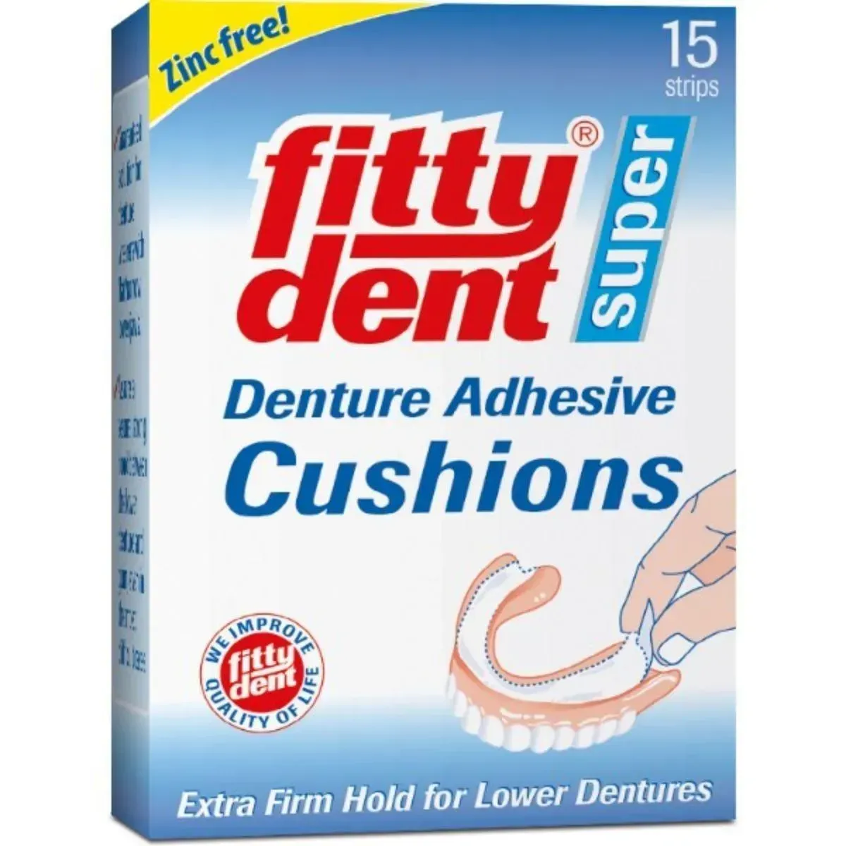 Front of Fittydent Super Denture Adhesive Cushions 15's box