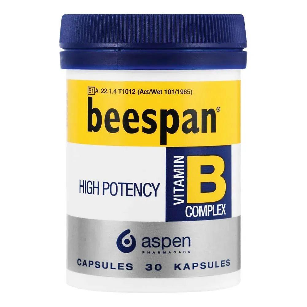 Front of Beespan High Potency Vitamin B Complex 30 capsules bottle