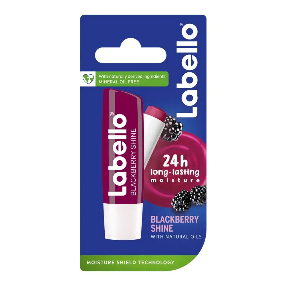 Front of Labello Carded Blackberry Shine lip balm pack