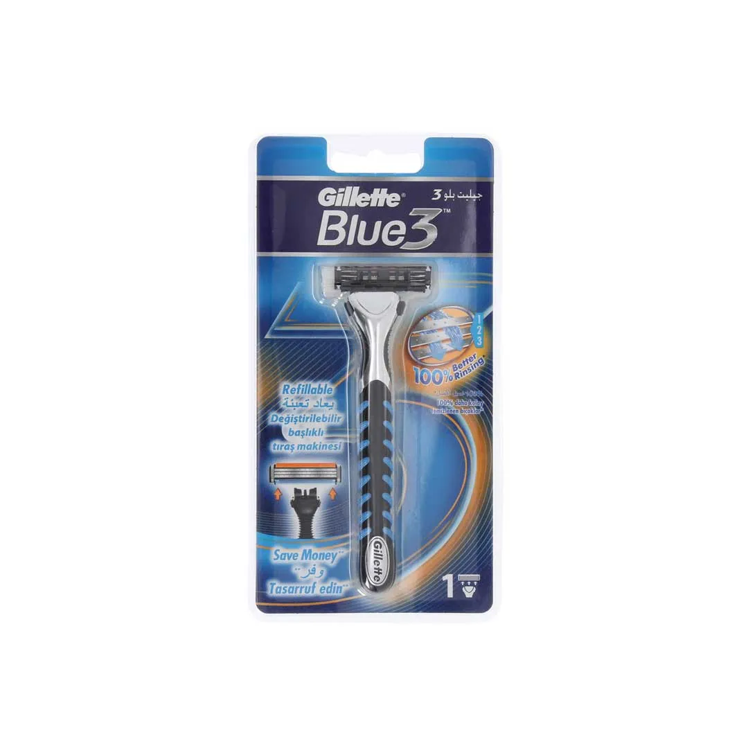 Front of Gillette Blue3 Razor, 1 unit blister pack