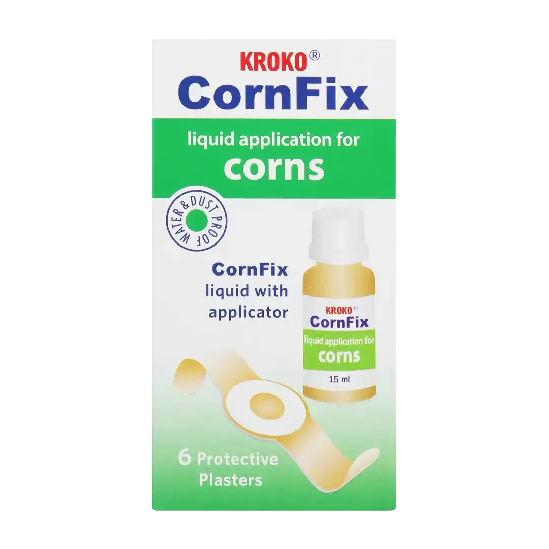Front view of KROKO CornFix liquid application for corns 15 ml box on white background