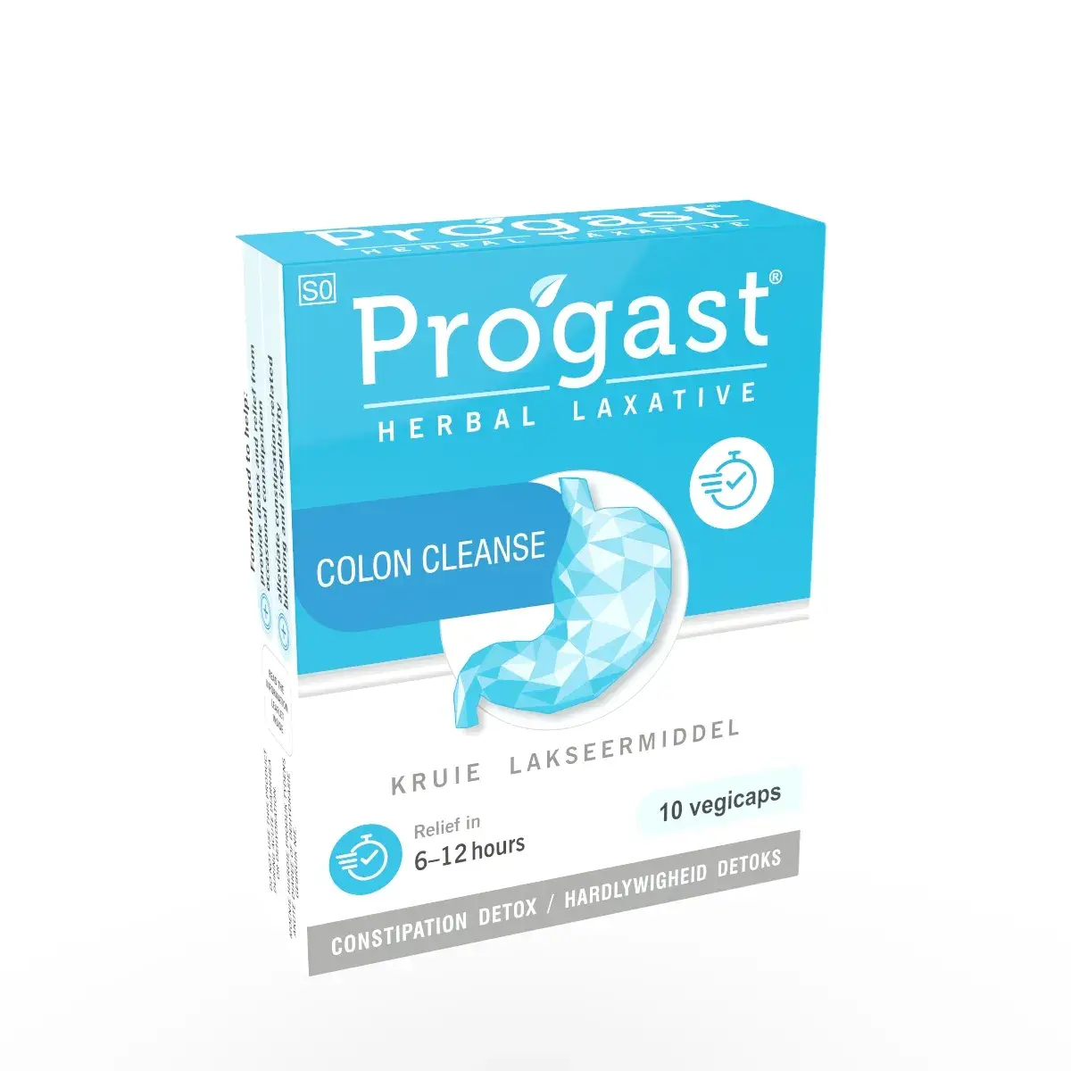 Angled view of Progast Herbal Laxative Colon Cleanse box, 10 vegicaps
