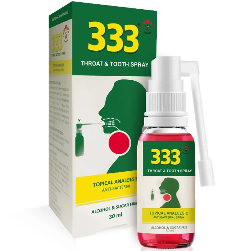 Front of 333 Throat & Tooth Spray box and bottle, 30 ml