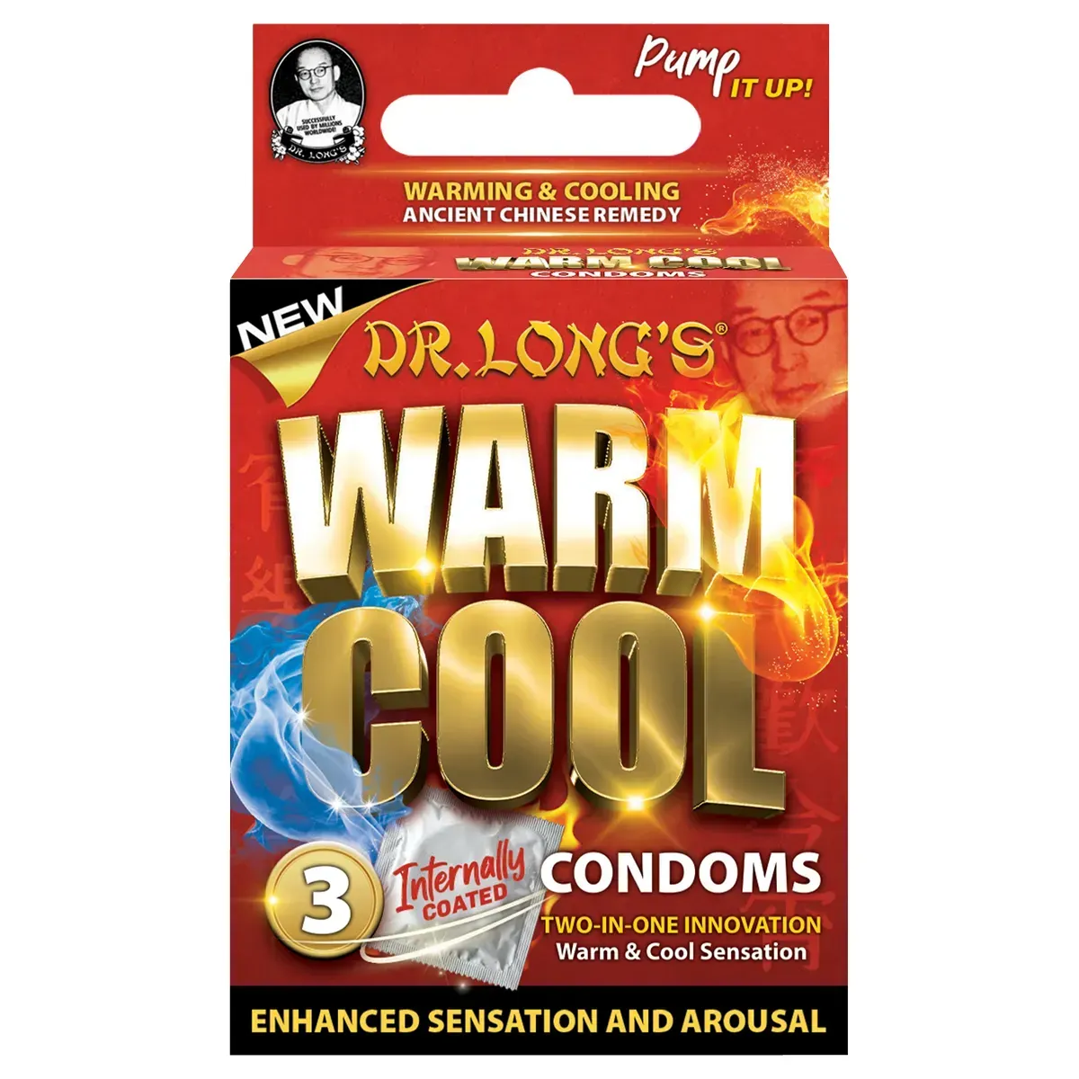 Front of Dr. Long's Warming & Cooling Condoms box, pack of 3