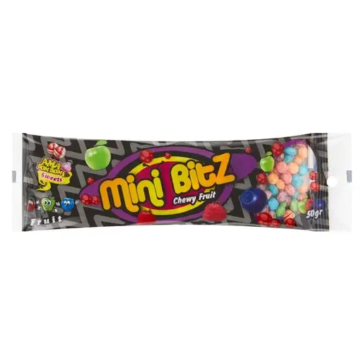 Front of Mini Bitz Chewy Fruit sweets 50g pack, rotated on side