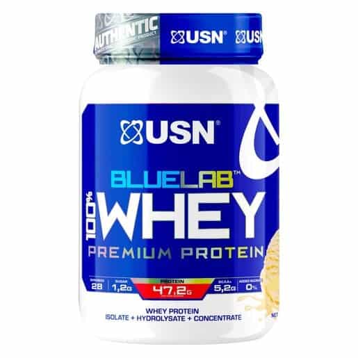 Front of USN BlueLab 100% Premium Whey Protein 908 g tub