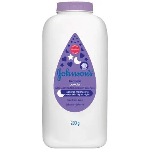 Front of Johnson's Baby Bedtime Powder Lavender & Chamomile 200 g bottle