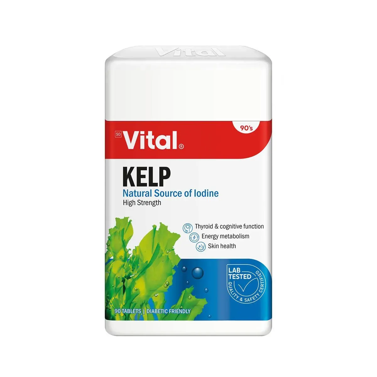 Front of Vital Kelp Natural Source of Iodine 90 tablets bottle on white background