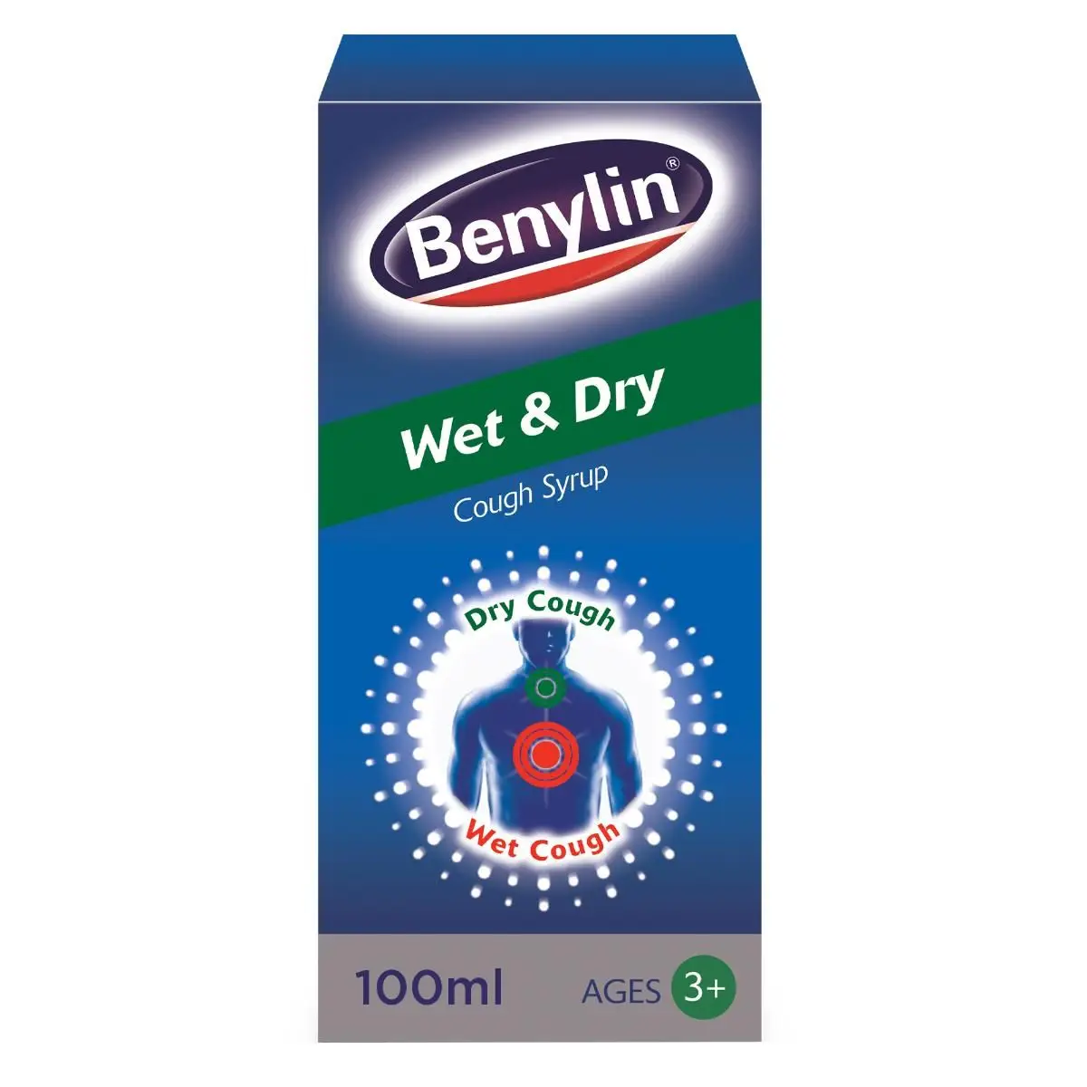 Front of Benylin Wet & Dry Cough Syrup box, 100 ml