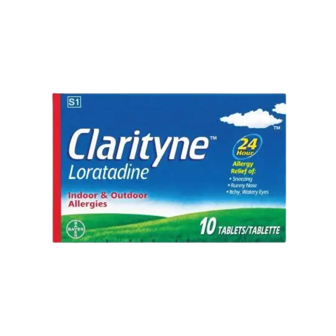 Front of Clarityne 10mg Loratadine Tablets, box of 10 tablets