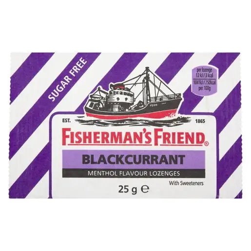 Front of Fisherman's Friend Blackcurrant Sugar Free Lozenges 25 g pack