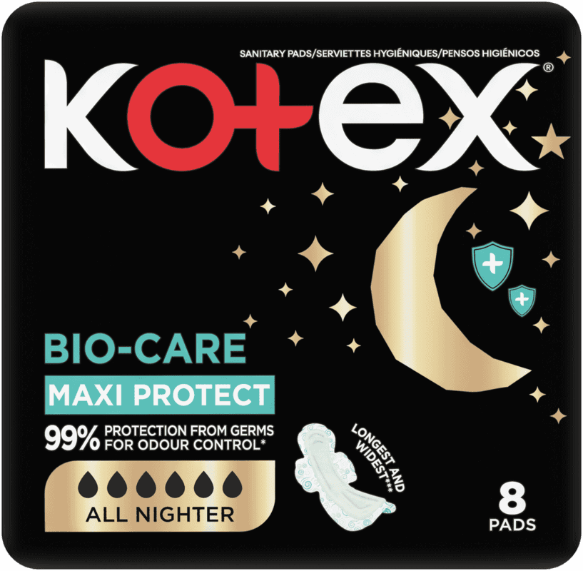 Kotex Bio-Care All Nighter Maxi Protect Sanitary Pads with Wings 8pk