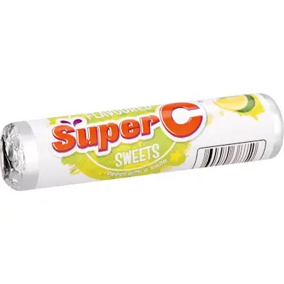 Angled view of Super C Lemon & Lime flavoured sweets roll on white background