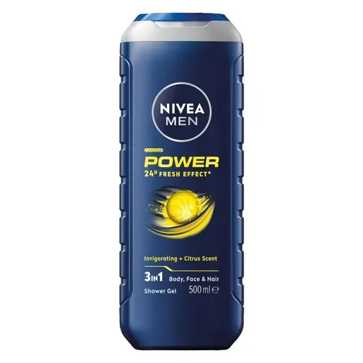 Front of NIVEA MEN Power 24H Fresh Effect 3in1 Shower Gel 500 ml bottle