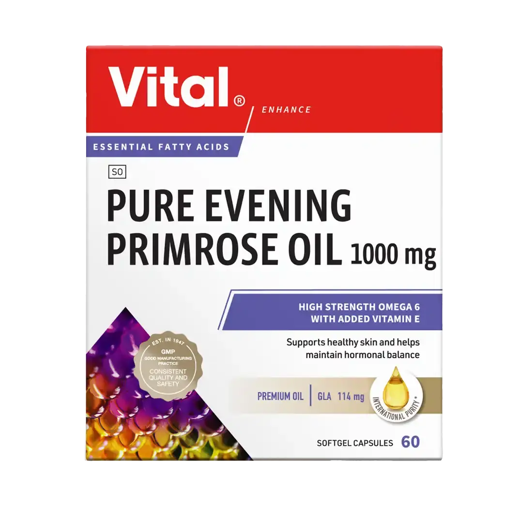 Front of Vital Pure Evening Primrose Oil 1000 mg 60 softgel capsules box on white background