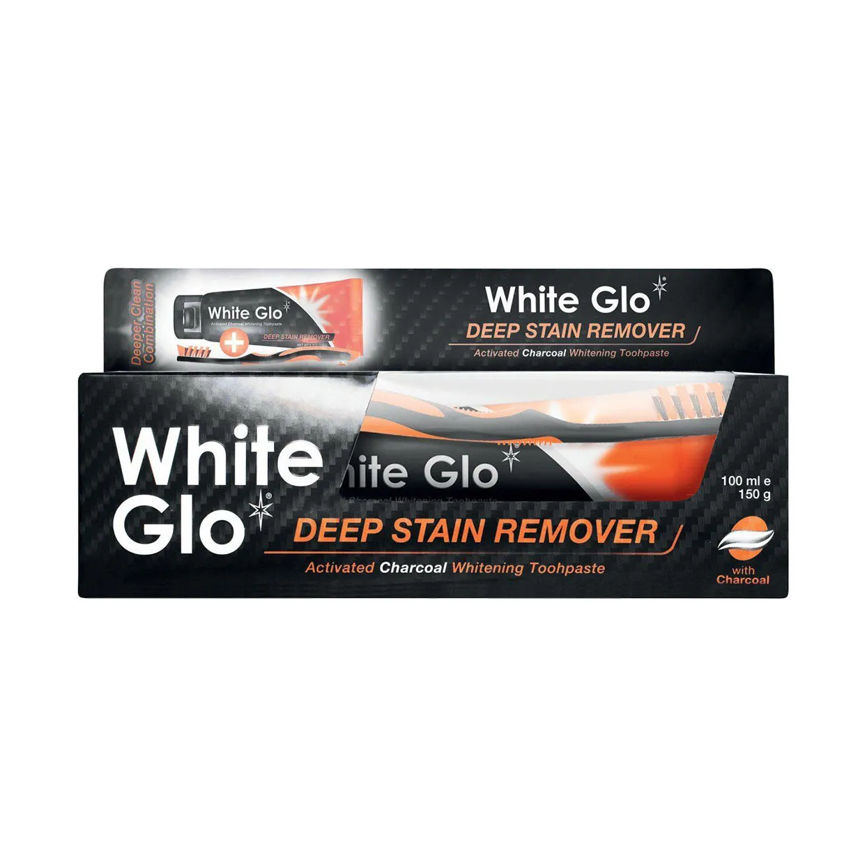 Front of White Glo Deep Stain Remover Activated Charcoal Whitening Toothpaste 150 g with toothbrush pack