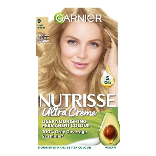 Front of Garnier Nutrisse 9 Light Blonde Ultra Crème Permanent Hair Colour box