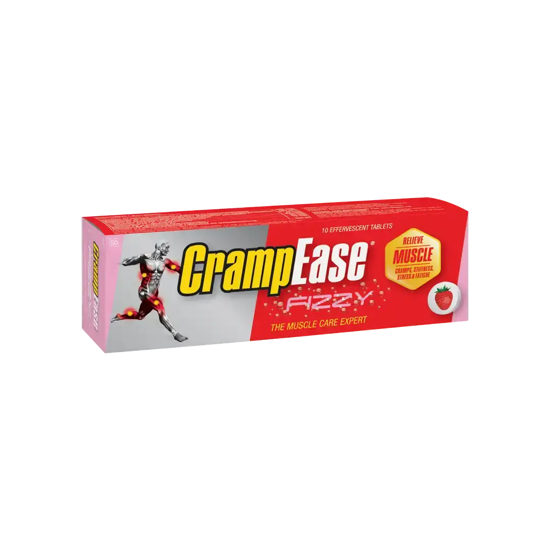 Angled view of Cramp Ease Fizzy Strawberry effervescent tablets 10's box on white background