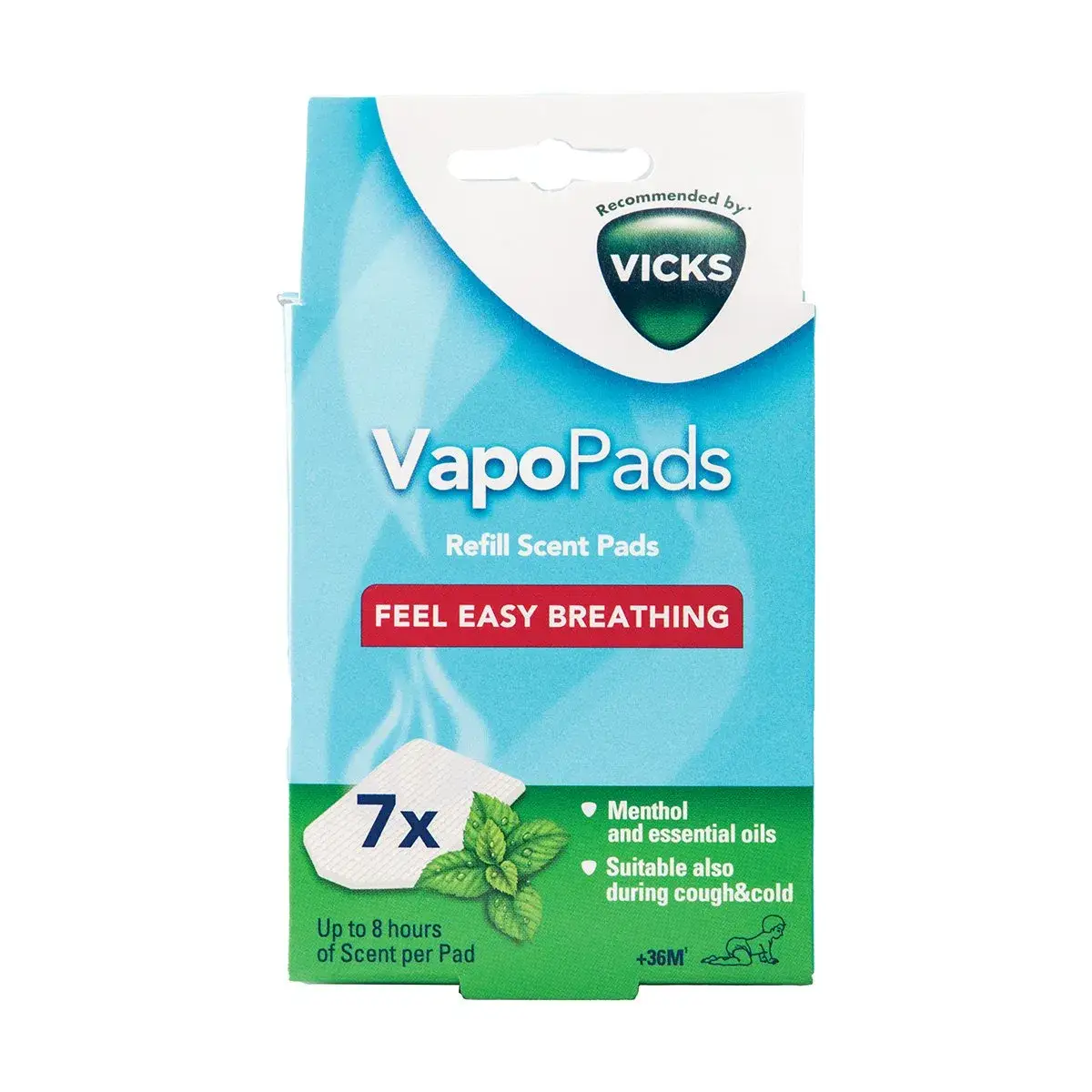 Front of Vicks VapoPads Refill Scent Pads box, 7 pads