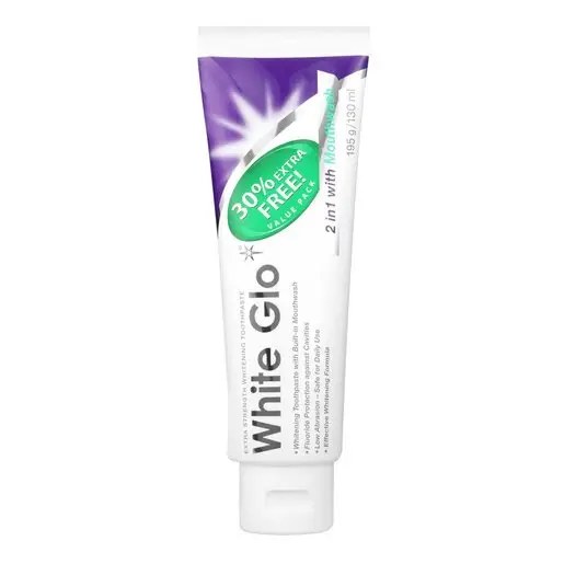 Front of White Glo 2 in 1 with Mouthwash toothpaste tube, 195g/130ml