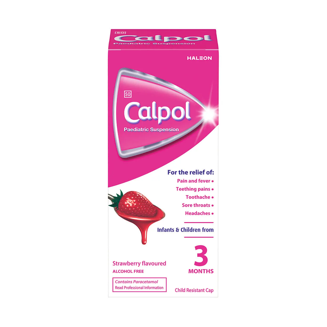 Front of Calpol Paediatric Suspension Strawberry Syrup 100ml box