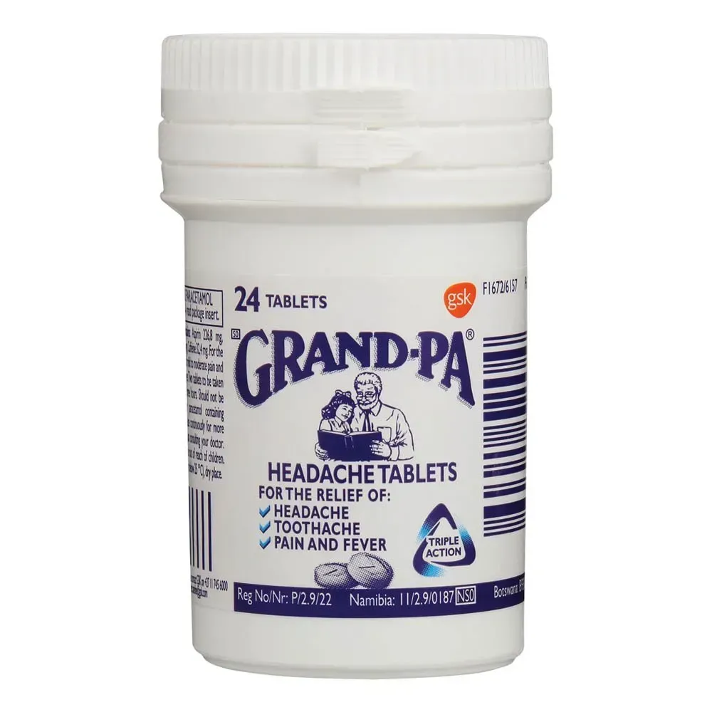 Front of Grand-Pa Headache Tablets bottle, 24 tablets