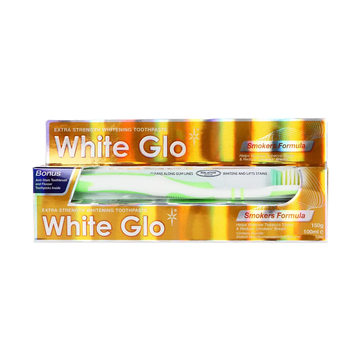 Front of White Glo Smokers Formula Toothpaste 100ml box with bonus toothbrush