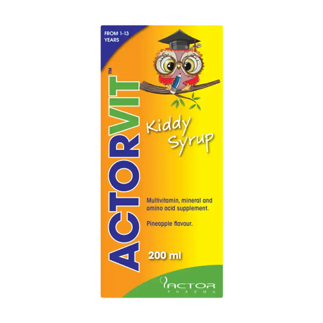 Front of Actorvit Kiddy Syrup 200 ml box, pineapple flavour