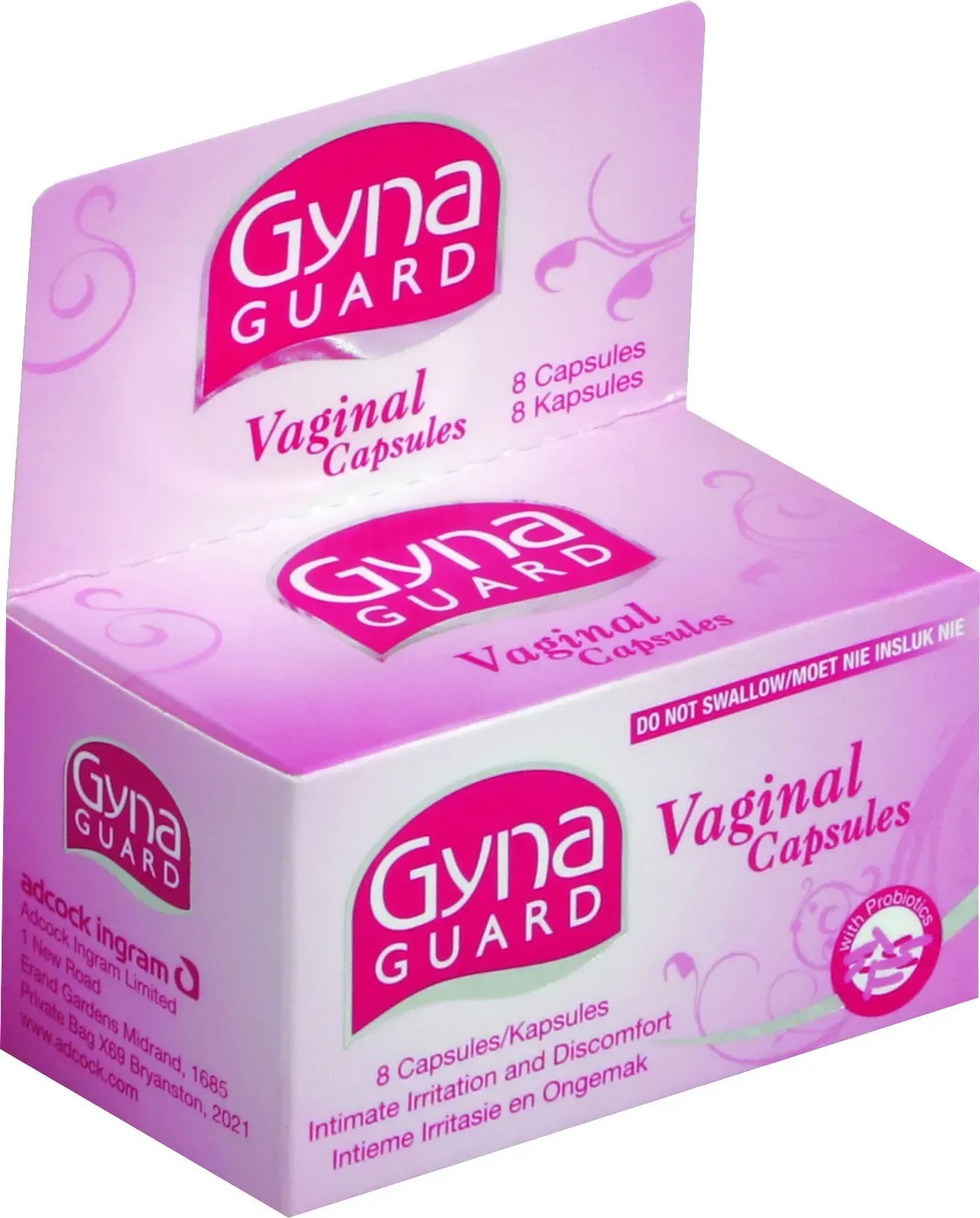 Angled view of Gynaguard Vaginal Capsules box, 8 capsules