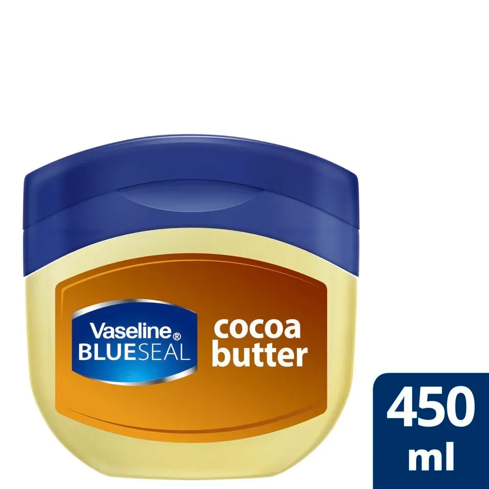 Front of Vaseline Blue Seal Cocoa Butter 450 ml jar on white background