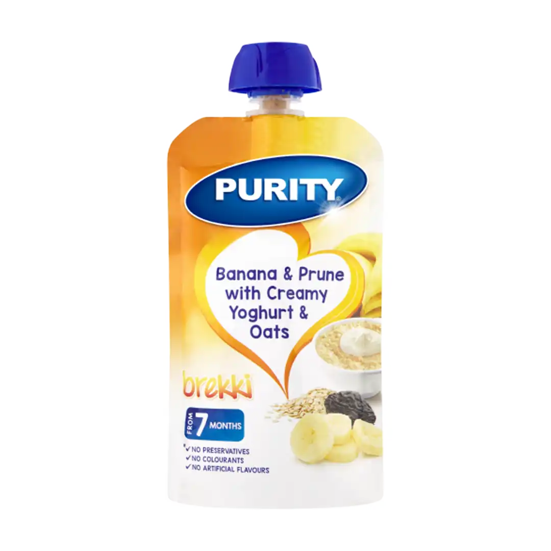Front of Purity Banana & Prune with Creamy Yoghurt & Oats baby food pouch 110 ml on white background