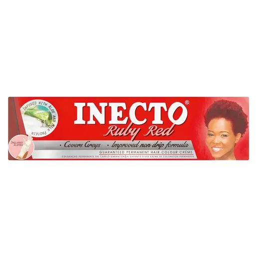 Front of Inecto Ruby Red permanent hair colour crème 50 ml tube box on white background