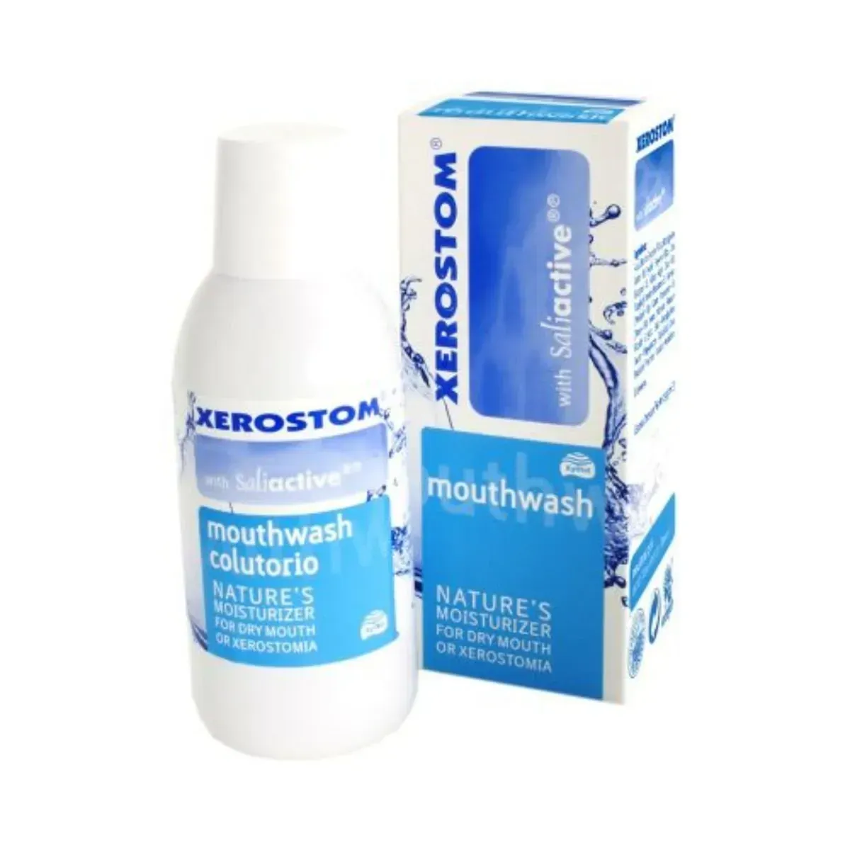 Front of Xerostom Mouthwash bottle and box, 250 ml