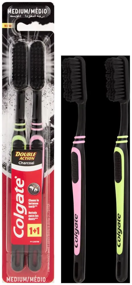 Colgate Double Action Medium Charcoal Toothbrush 2pk
