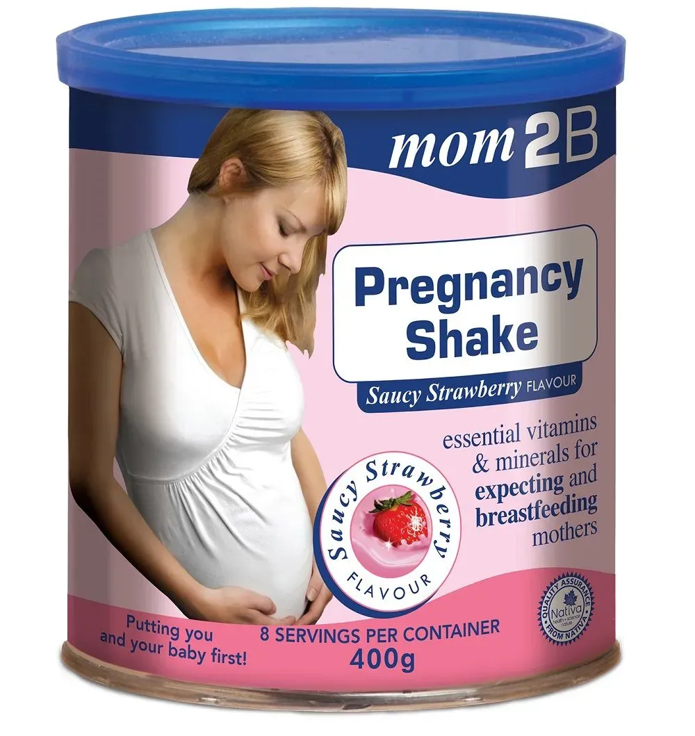 Front of Mom 2B Pregnancy Shake Saucy Strawberry flavour 400 g tin