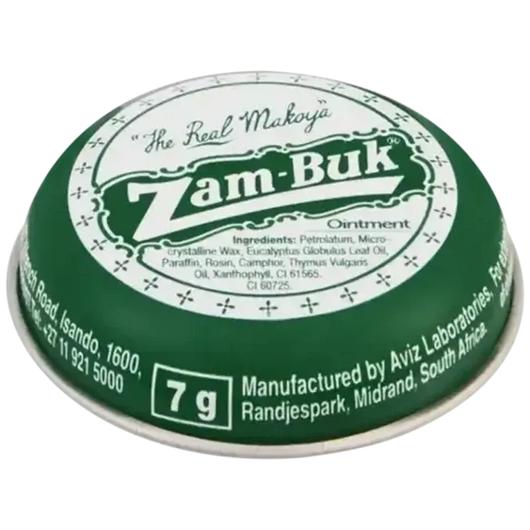 Angled top view of Zam-Buk Herbal Ointment tin 7 g showing ingredients and size