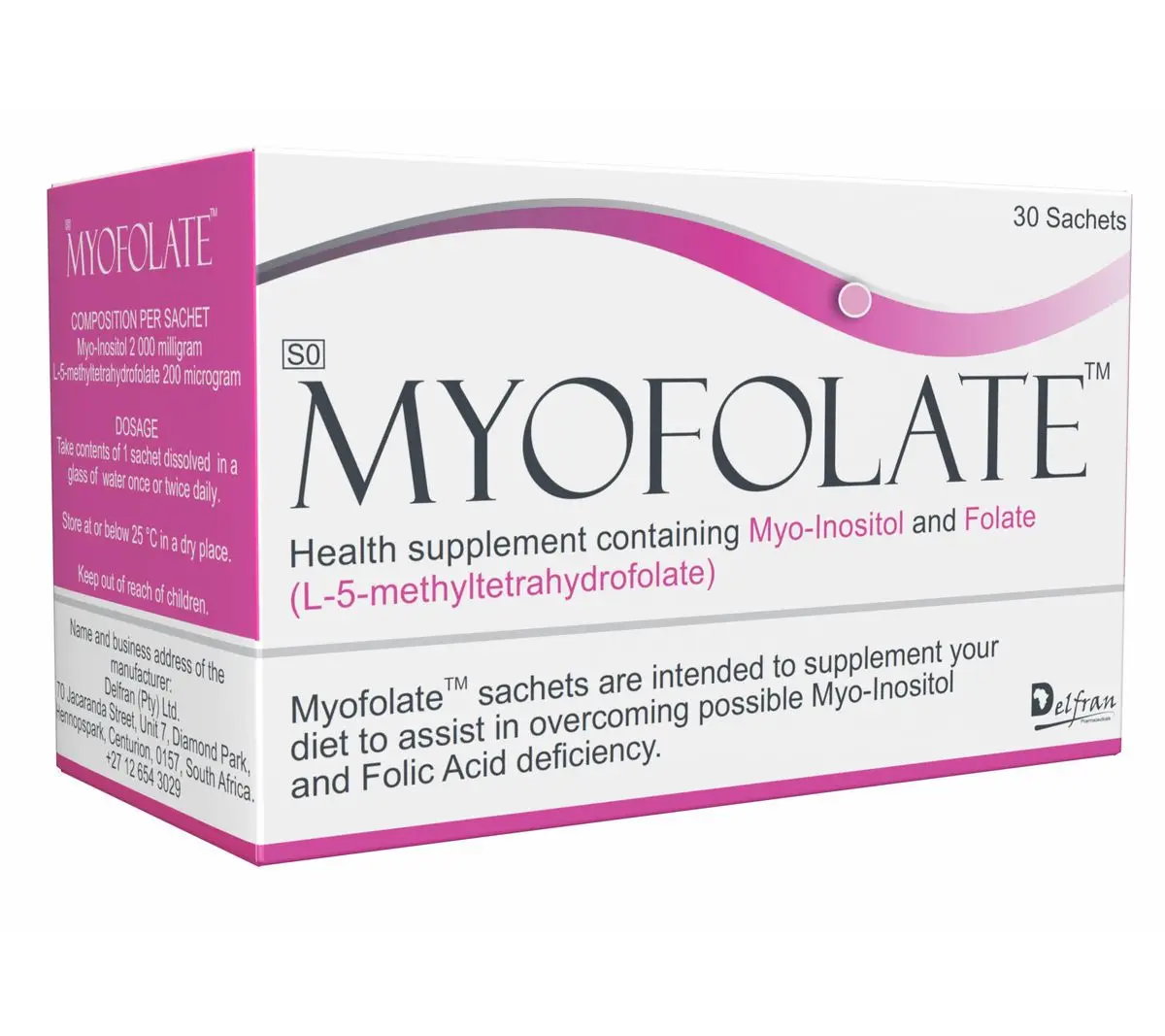 Angled front view of Delfran Myofolate 30 Sachets health supplement box