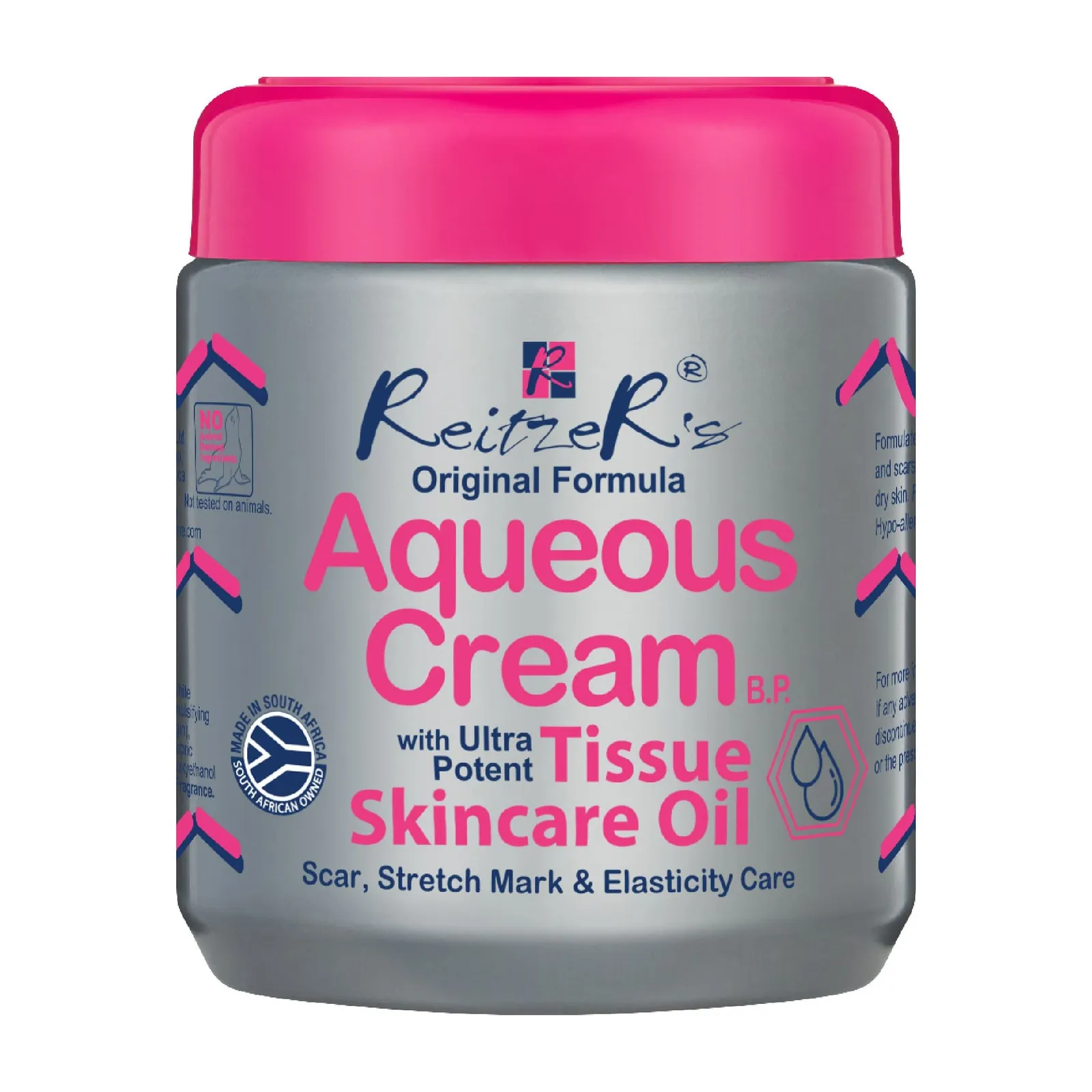 Front of ReitzeR's Aqueous Cream B.P. with Ultra Potent Tissue Skincare Oil, 500g tub