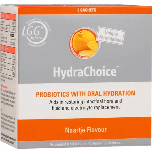 Front of HydraChoice Naartje Flavour Probiotic Oral Hydration 5 sachets box