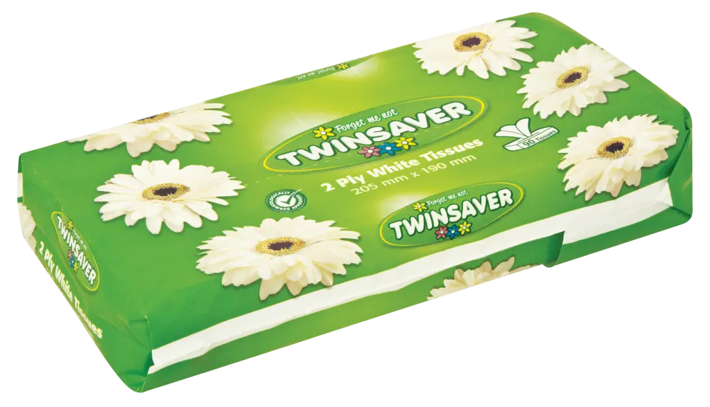 Front of Twinsaver 2 Ply White Tissues pack, 90 tissues