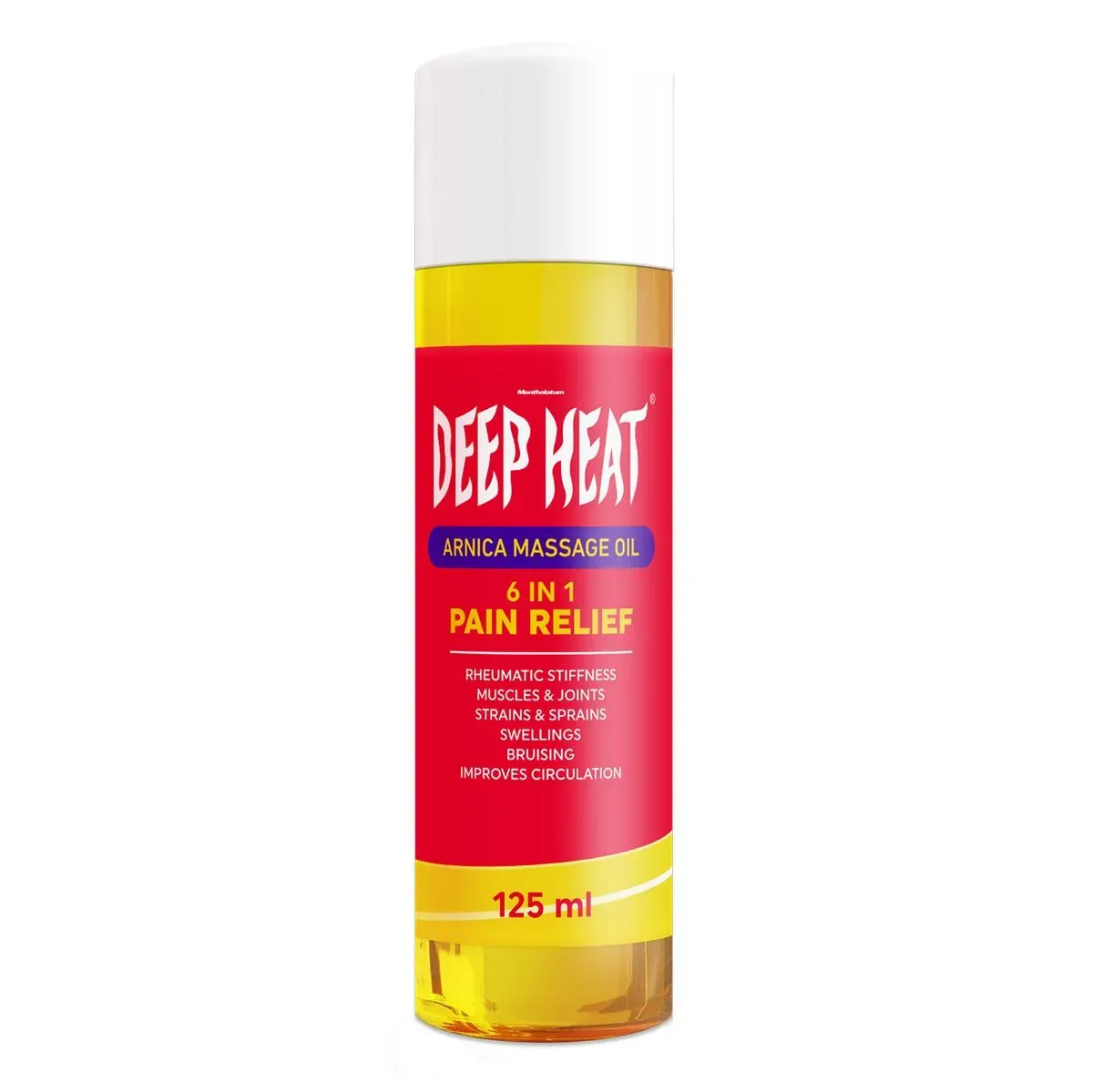 Front of Deep Heat Arnica Massage Oil 125 ml bottle on white background