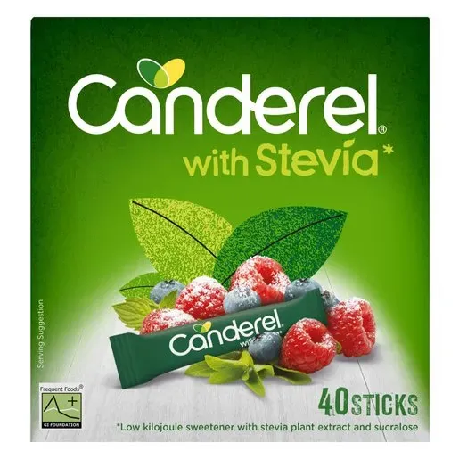 Front of Canderel with Stevia 40 Sticks box