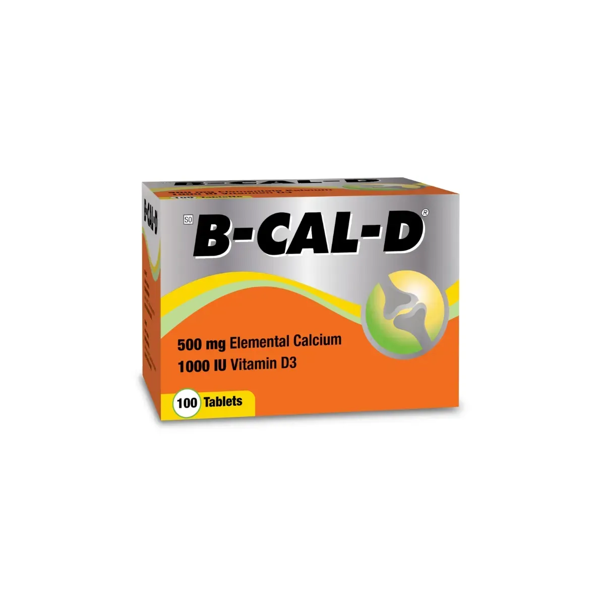Angled studio shot of Inova B-Cal-D Swallow Tablets 100 tablets box on white background