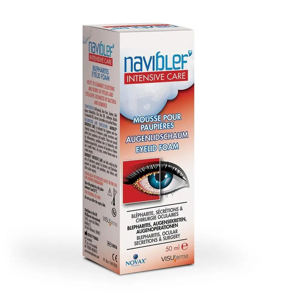 Angled view of Naviblef Intensive Care Blepharitis Eyelid Foam 50 ml box