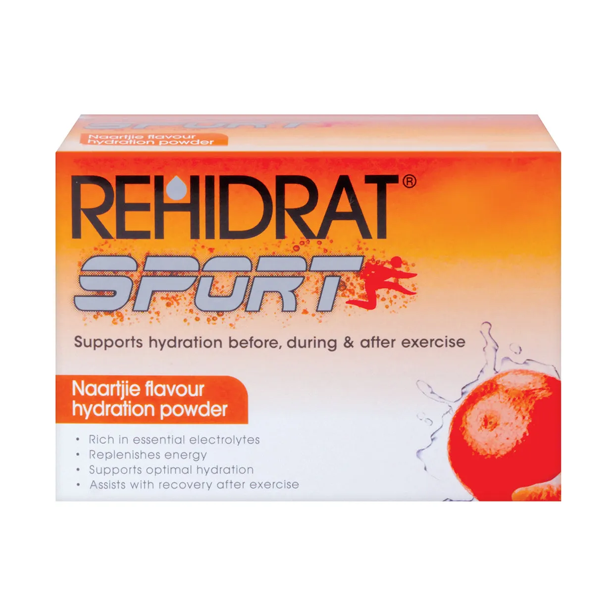 Front of Rehidrat Sport Naartjie flavour hydration powder box, 6 x 14g sachets