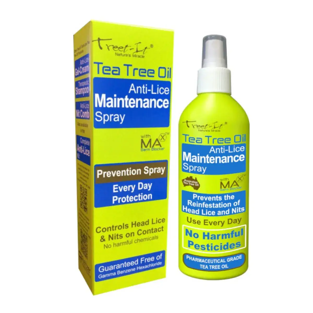 Front of Reitzer Treet-It Tea Tree Oil Anti-Lice Maintenance Spray 200ml box and bottle