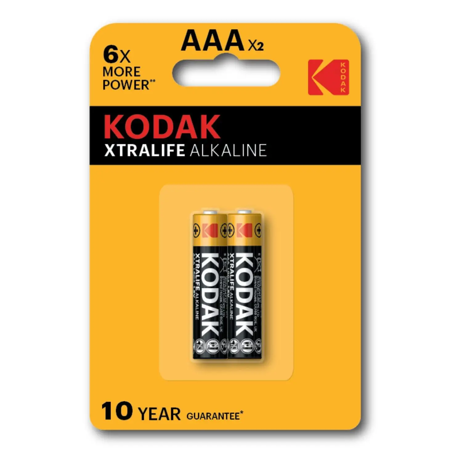 Front of Kodak Xtralife Alkaline AAA batteries, pack of 2