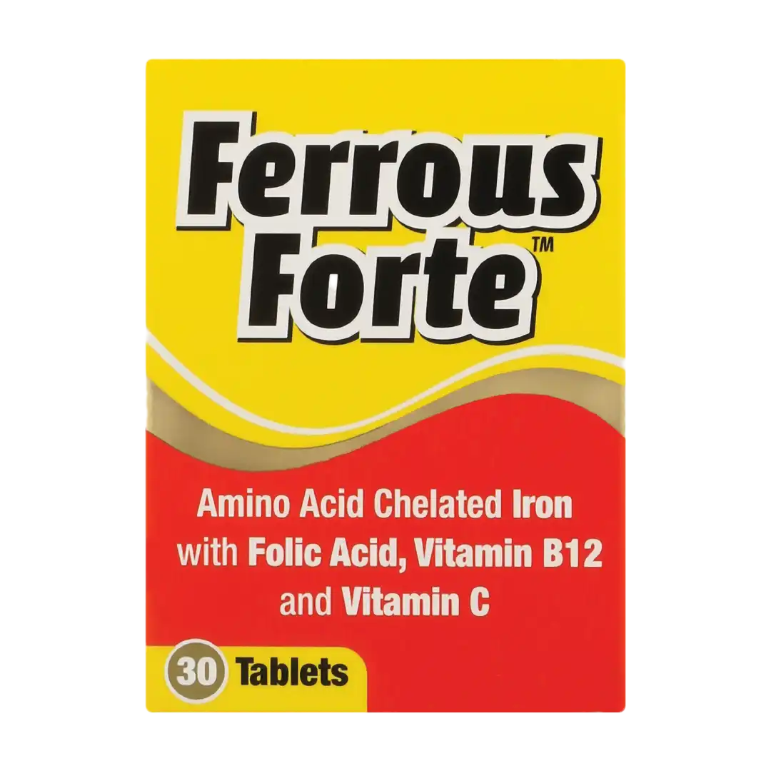 Front of Inova Ferrous Forte Iron Supplement box, 30 tablets, on white background